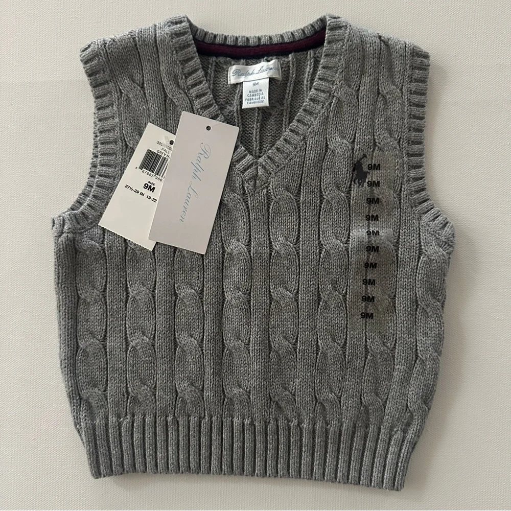 Ralph Lauren 9 Months Baby Boy V-Neck Gray Cable Knit Sweater Vest NWT